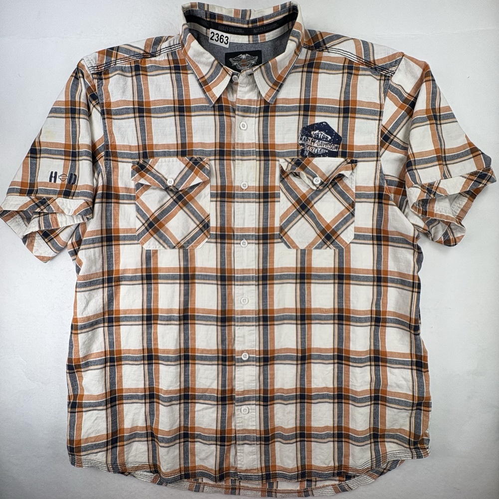 Harley Davidson Shirt Mens 3XL Plaid Orange Cream Est 1903 Biker Motorcycle